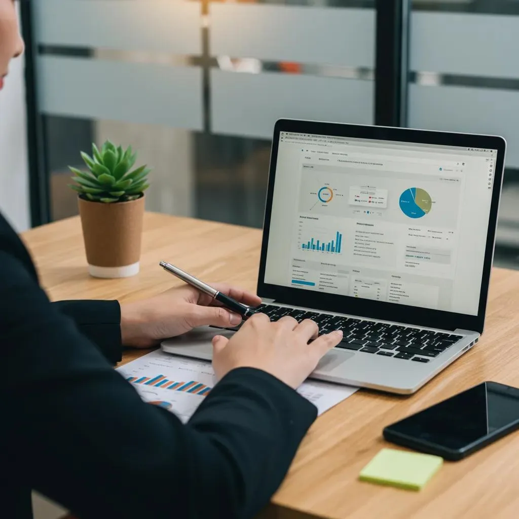 Business owner analyzing website performance on laptop, showcasing responsive design benefits and growth metrics, with charts and graphs in a modern office setting.