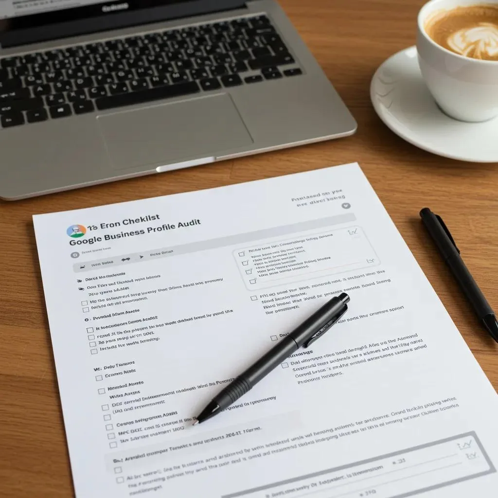Checklist for Google Business Profile Audit on a wooden desk with a laptop, pen, and coffee cup, emphasizing local SEO optimization and engagement strategies.