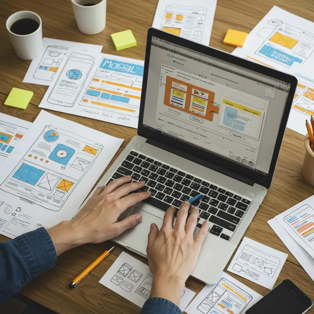Designer working on mobile-first web design, surrounded by sketches and wireframes, laptop displaying UI elements, emphasizing responsive design strategies for improved mobile user experience and local SEO.