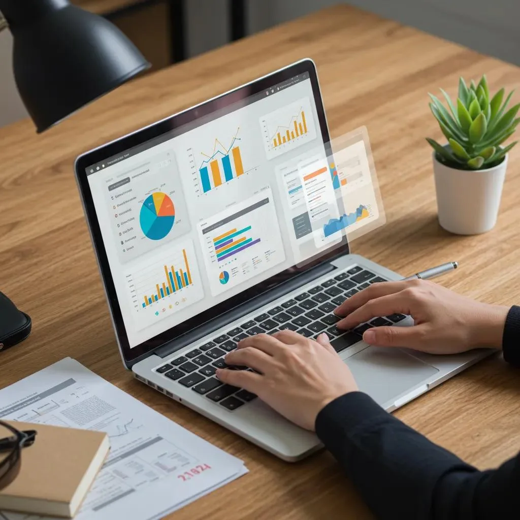 Person reviewing SEO metrics on laptop, displaying colorful graphs and data analytics, emphasizing responsive web design benefits for local businesses and user engagement.