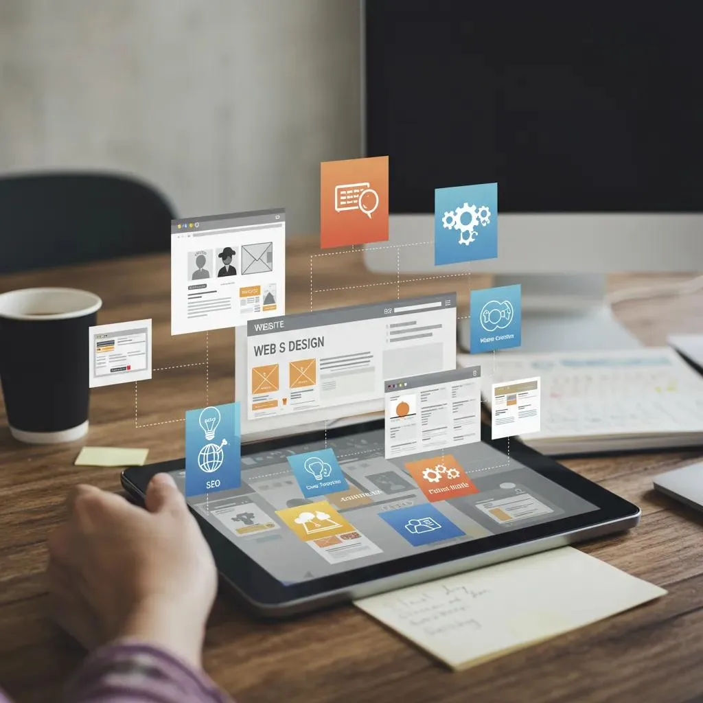 Digital tablet displaying website design options with icons for features, illustrating packages for local businesses, including SEO, content creation, and responsive layouts.