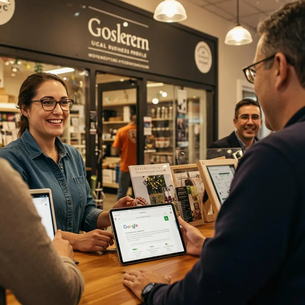 Local business owner engaging with customers at a counter, showcasing Google Business Profile optimization on a tablet, with promotional materials visible in a retail setting.
