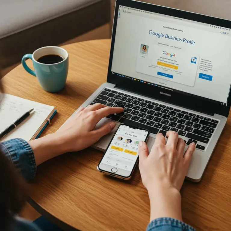 Person optimizing Google Business Profile on laptop and smartphone, illustrating local SEO strategies for digital marketing success.