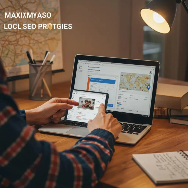 Local business owner optimizing Google Business Profile on a digital device in a cozy office