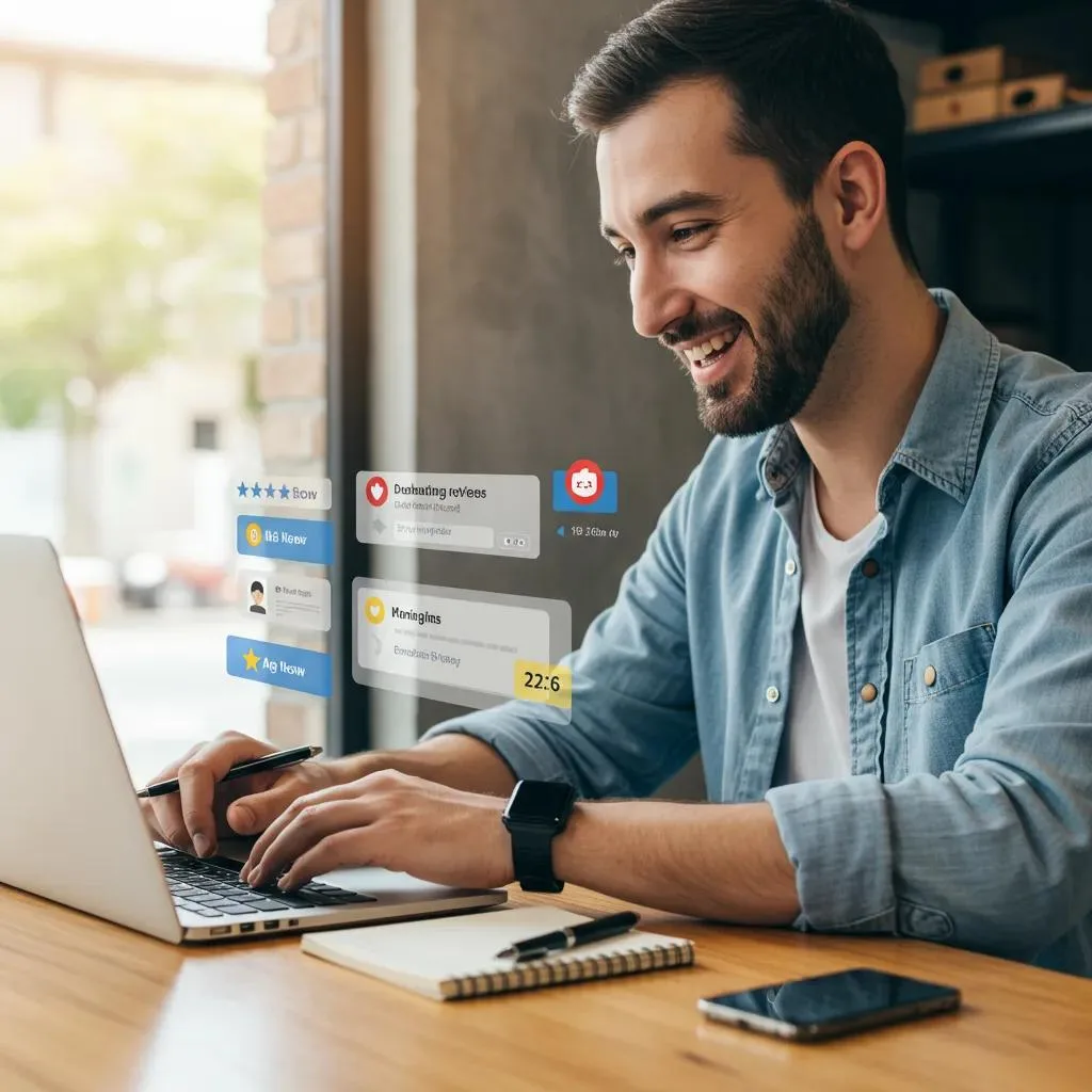 Local business owner reading and responding to customer reviews on a laptop