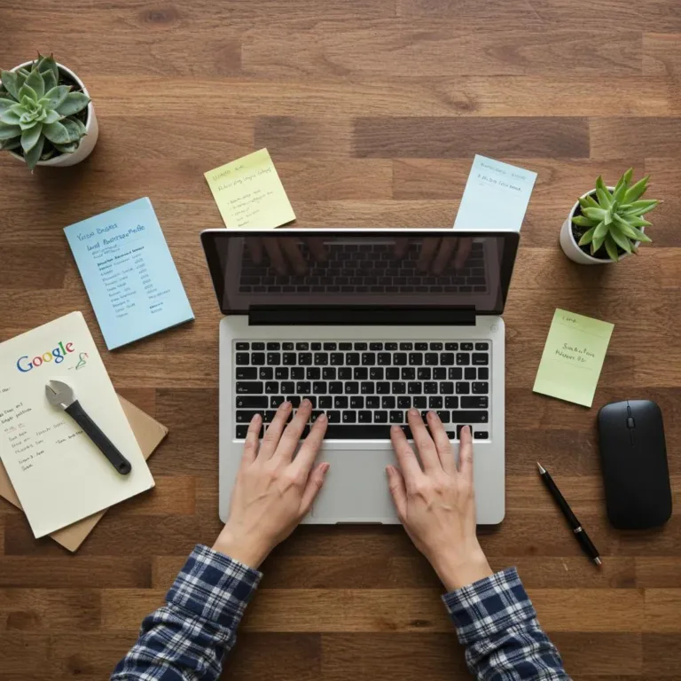 Local business owner reviewing Google Business Profile for SEO optimization on a laptop, surrounded by notes and tools emphasizing local SEO strategies.