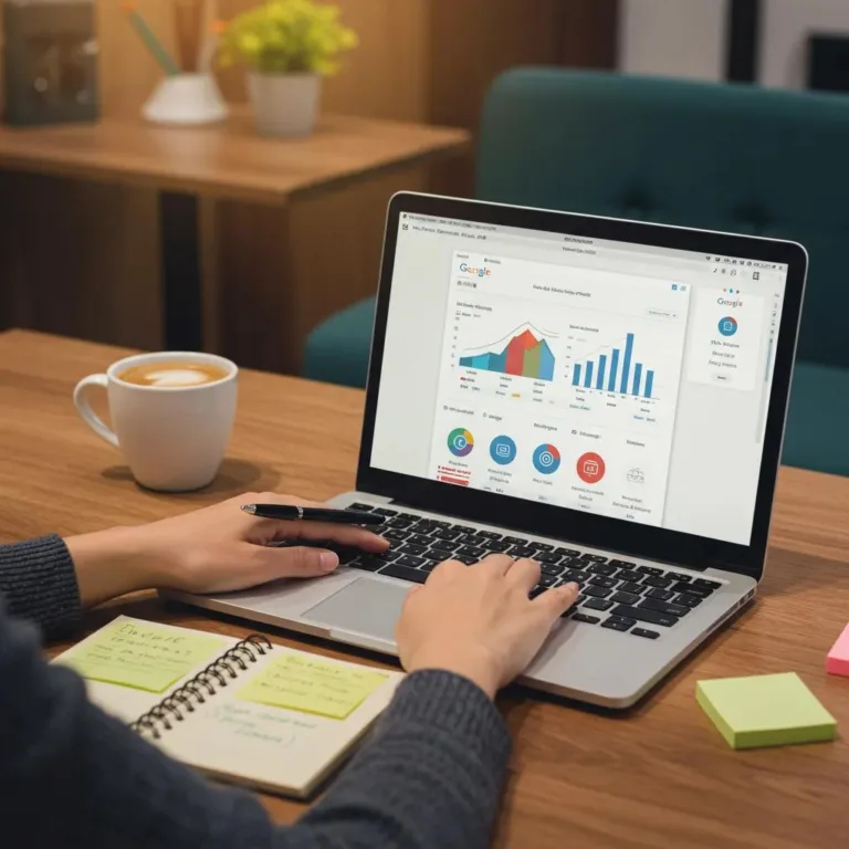 Person reviewing Google Business Profile insights on laptop in a cozy office, with coffee and notepad, illustrating local SEO strategies.