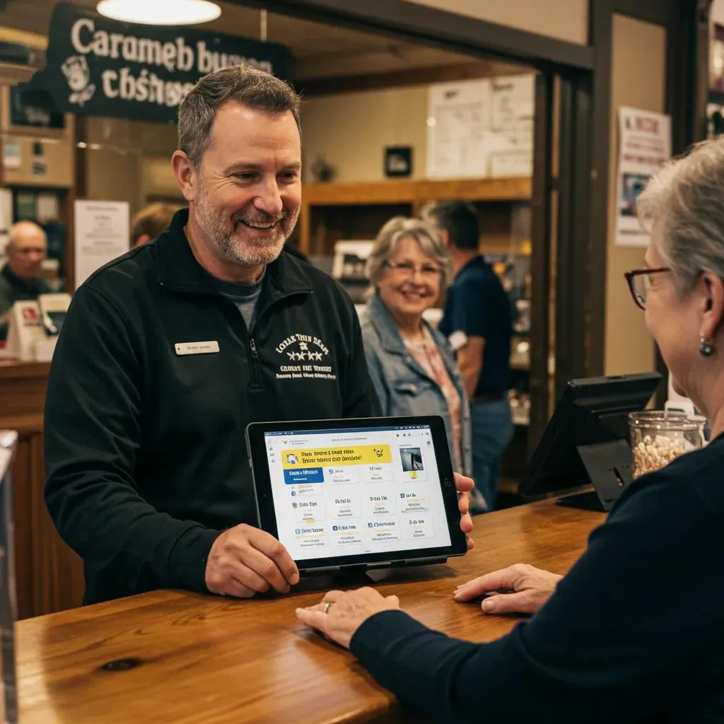 Local Oak Harbor business owner showcasing positive customer reviews on a tablet in a friendly storefront