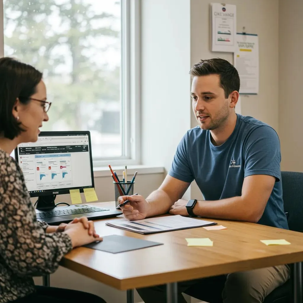 Local web designer consulting with small business owner, showcasing personalized service and community connection, discussing digital marketing strategies.