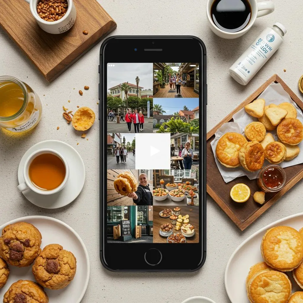 Smartphone displaying a collage of food and customer experiences, surrounded by coffee, tea, baked goods, and a juice bottle, illustrating local business optimization for Google Business Profiles.