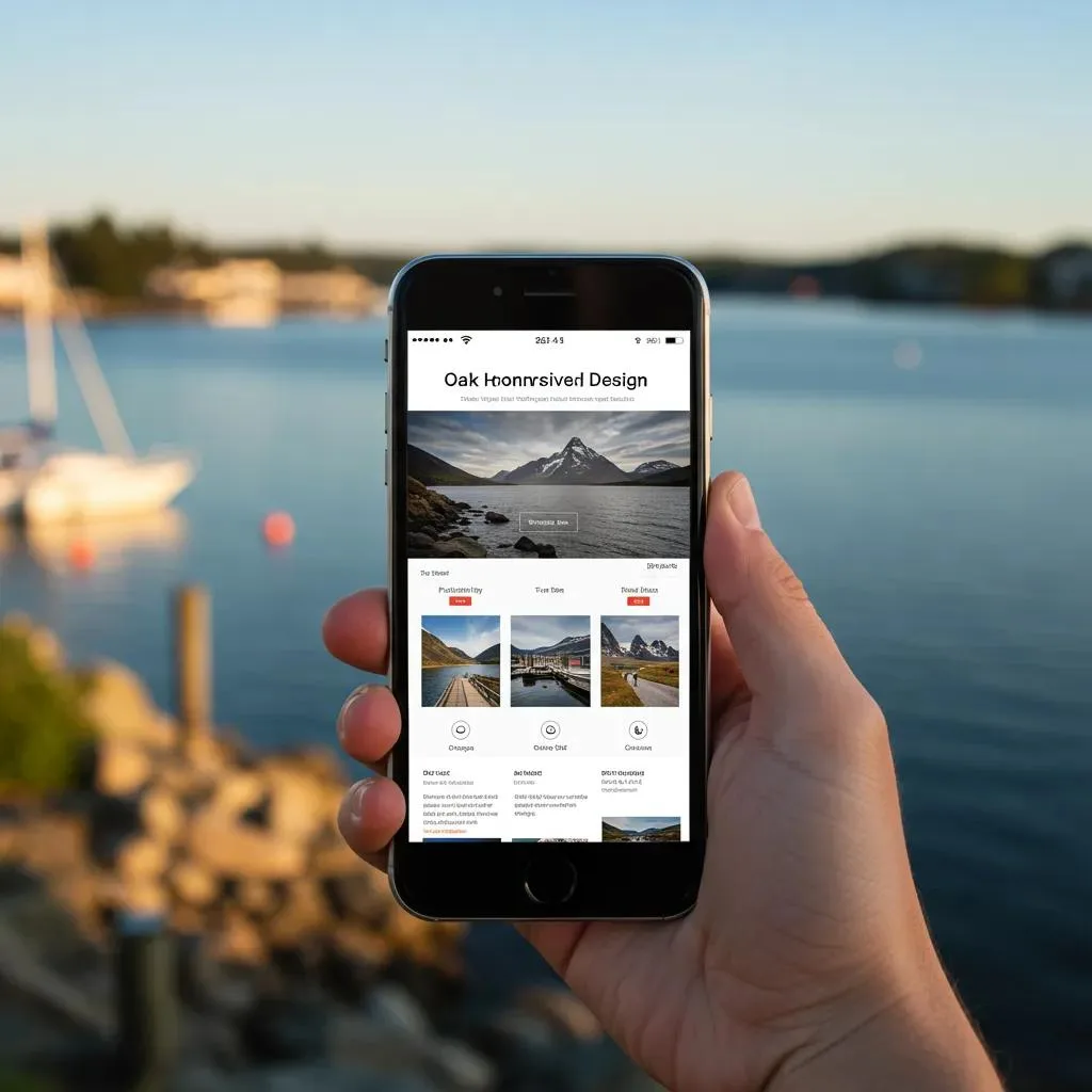 Smartphone displaying a responsive website design against the scenic backdrop of Oak Harbor