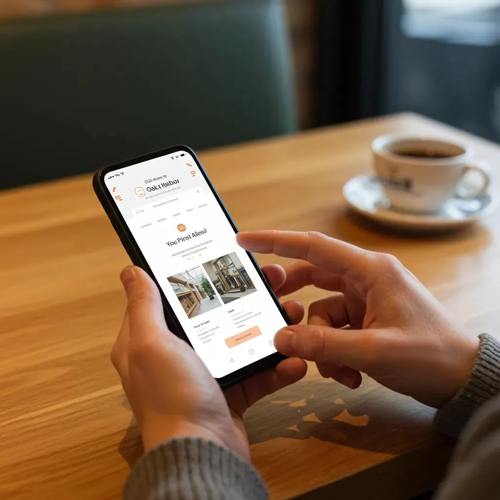 User engaging with a mobile-optimized website in a café setting in Oak Harbor