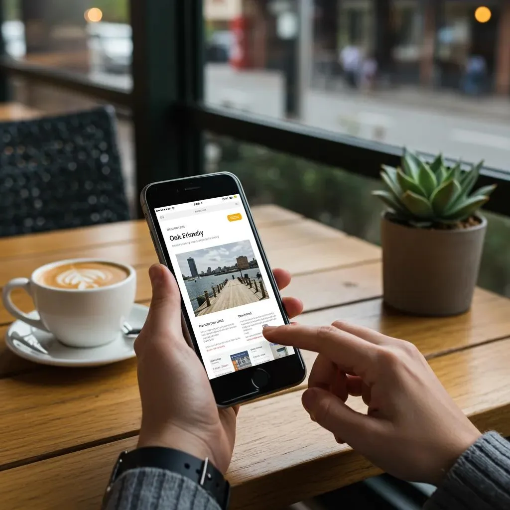 User navigating a mobile-friendly website at a café, showcasing responsive design and mobile usability improvements for local businesses in Oak Harbor.