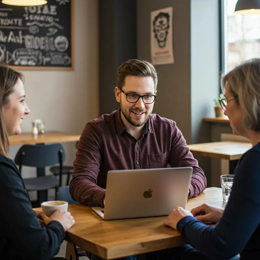 Web designer consulting with small business owners in a cafe, showcasing personalized service and local engagement, with a laptop and coffee on the table.