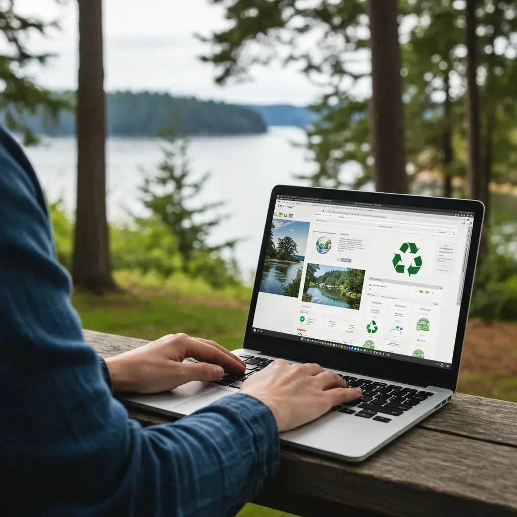 Web designer working outdoors on eco-friendly web design elements on Whidbey Island