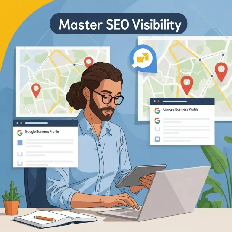 Business owner optimizing Google Business Profile in a modern office setting