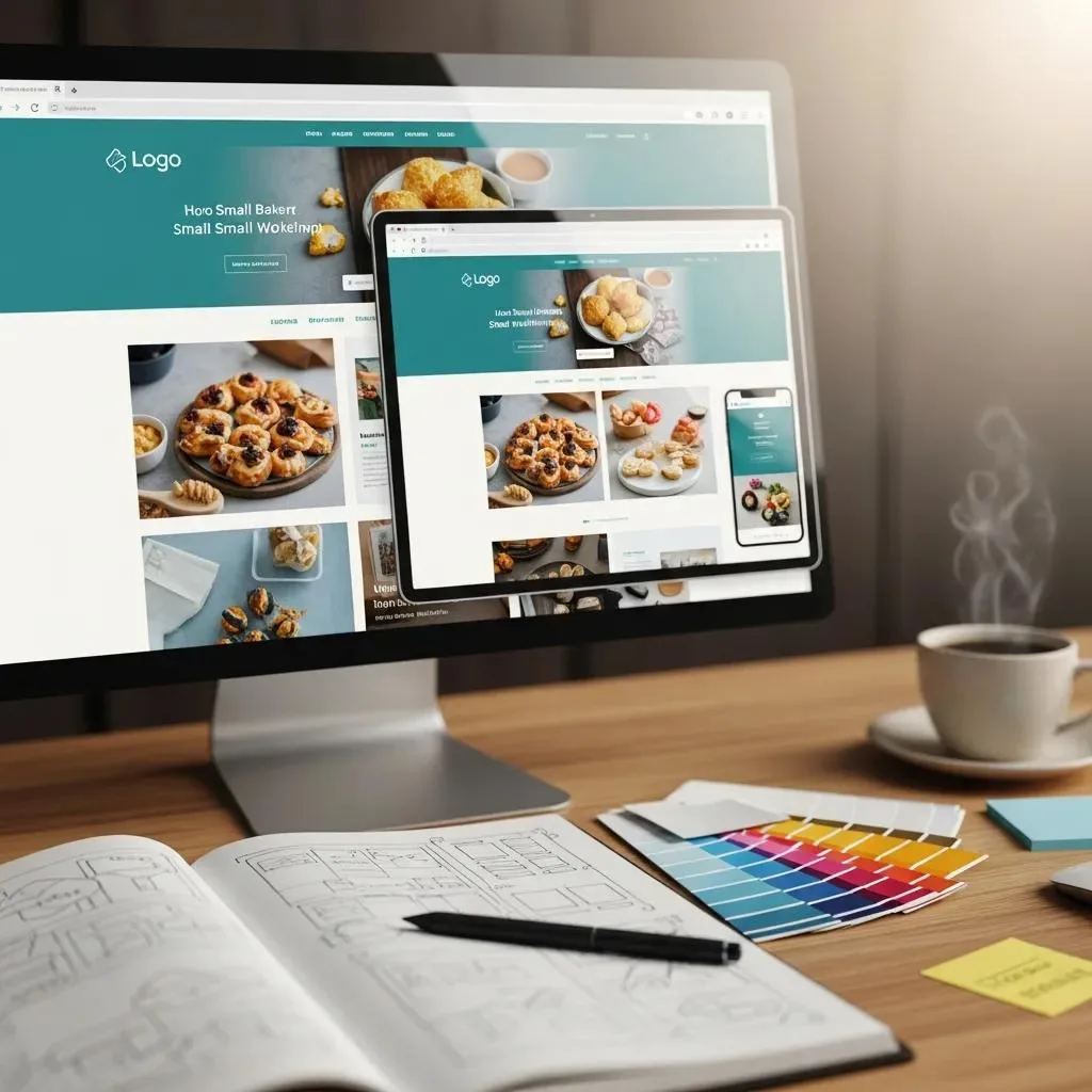 Close-up of a computer screen displaying a responsive web design for a small bakery, featuring product images and a logo, with design materials and a coffee cup on a wooden desk, illustrating affordable web design solutions for local businesses.
