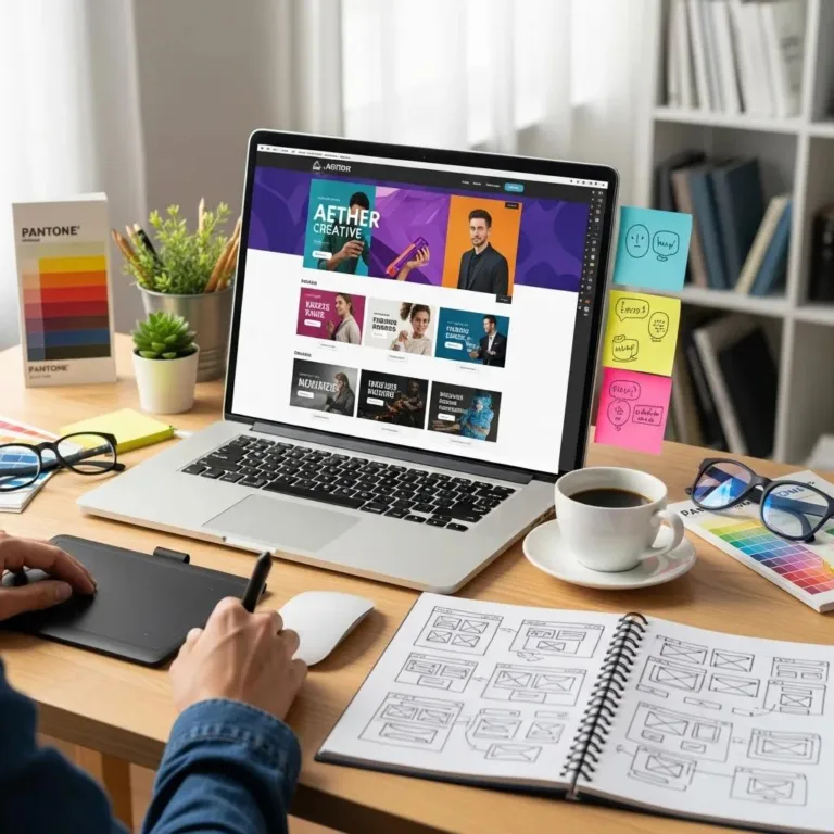 Designer working on custom web design project at a creative workspace, featuring a laptop displaying a website, design tools, and color swatches for enhancing local business visibility.