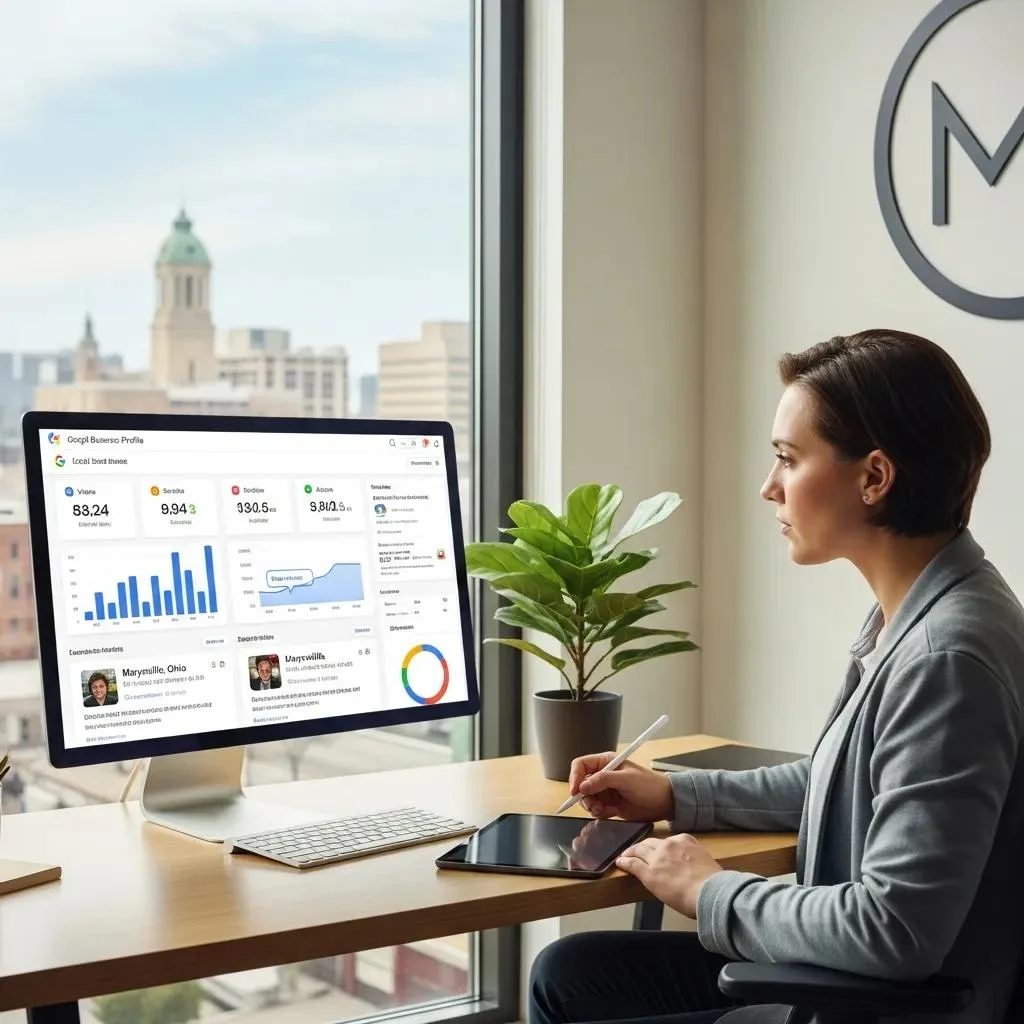 Professional analyzing Google Business Profile metrics on a desktop computer, focusing on local SEO for Marysville, with a tablet in hand and a green plant nearby.