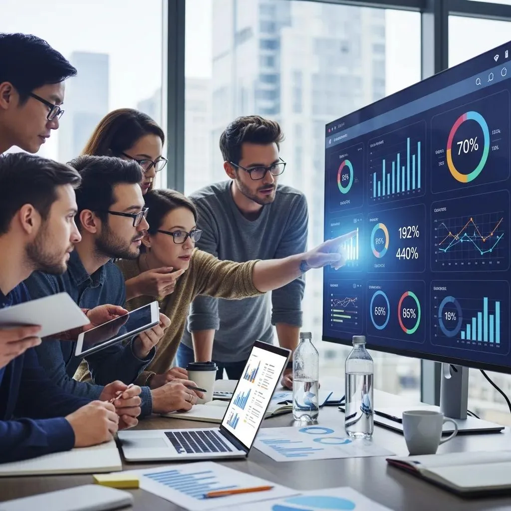 Digital marketing team analyzing metrics and data on a large screen in a modern office, focusing on performance graphs and KPIs to drive measurable business outcomes.