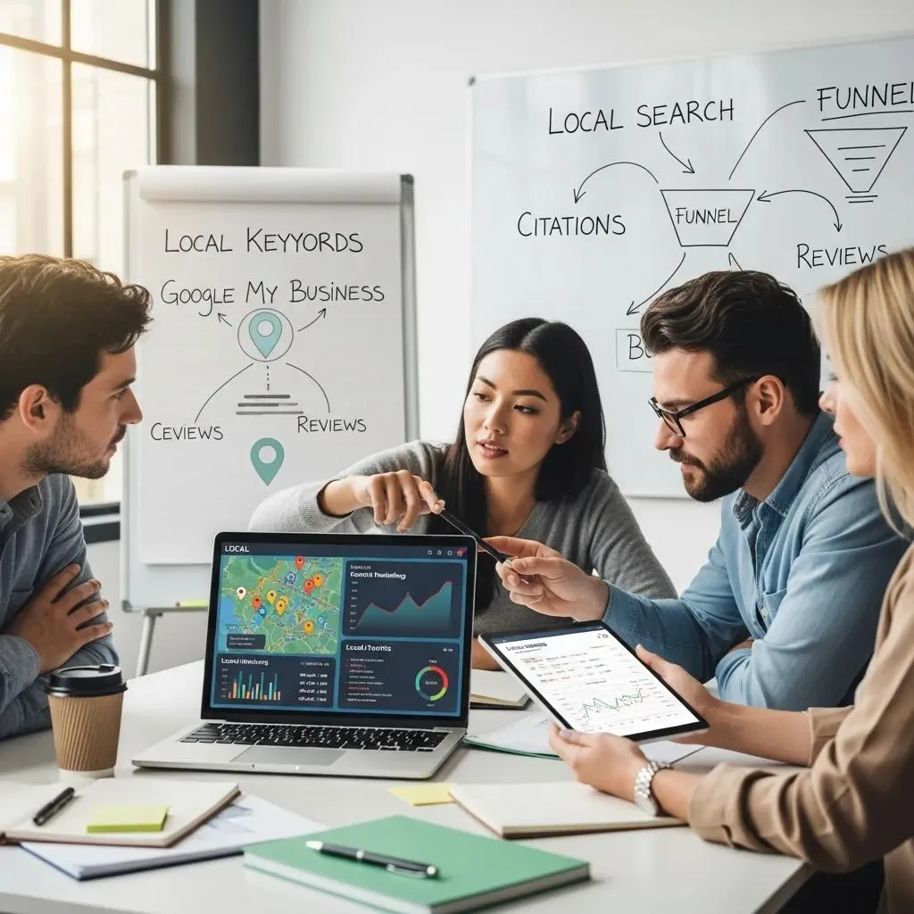 Digital marketing team collaborating on local SEO strategies, analyzing maps and analytics on a laptop, with charts and notes visible, emphasizing local search and Google Business optimization.