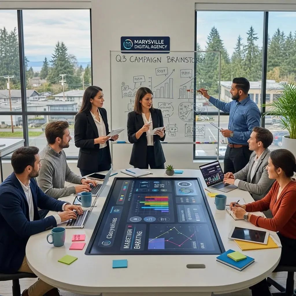 Diverse professionals collaborating in a modern office, representing digital marketing agencies in Marysville WA