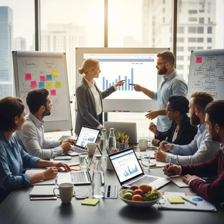 Diverse small business owners collaborating with a digital marketing agency in a modern office, analyzing growth strategies through charts and data on laptops.