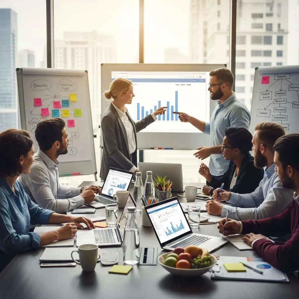Diverse small business owners collaborating with a digital marketing agency in a modern office, discussing growth strategies and analyzing data on a presentation screen.