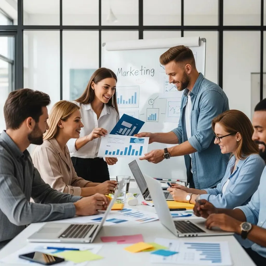 Diverse small business owners collaborating with a marketing team, discussing marketing strategies with charts and laptops in a modern office setting.