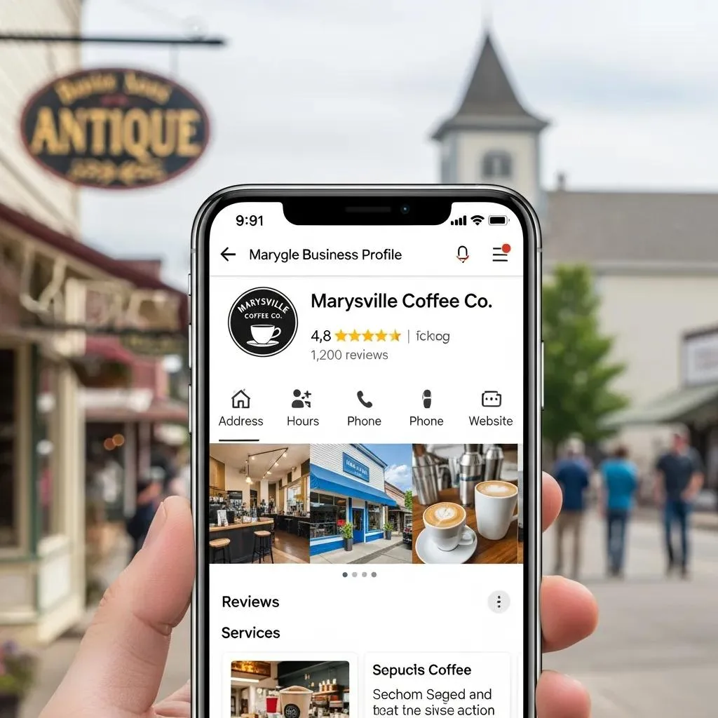Marysville Coffee Co. Google Business Profile displayed on a smartphone, showcasing local reviews, ratings, and images, with a backdrop of a Marysville street scene.