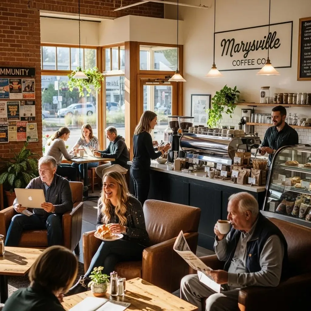 Customers enjoying their experience at Marysville Coffee Co., highlighting community engagement with coffee, pastries, and a cozy atmosphere.