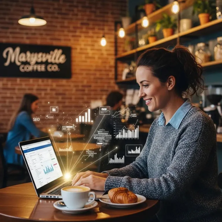Woman working on SEO strategies on a laptop in a coffee shop, with visual data graphics and analytics related to digital marketing, highlighting local business growth in Marysville.