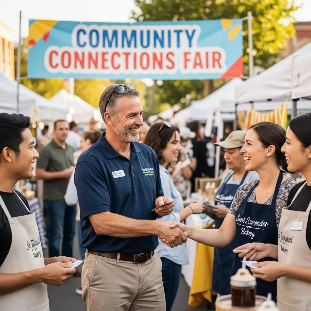 Community Connections Fair with local business owner networking, shaking hands with bakery representatives, promoting collaboration and off-page SEO strategies.