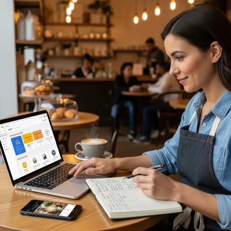 Local business owner optimizing Google Business Profile in a café