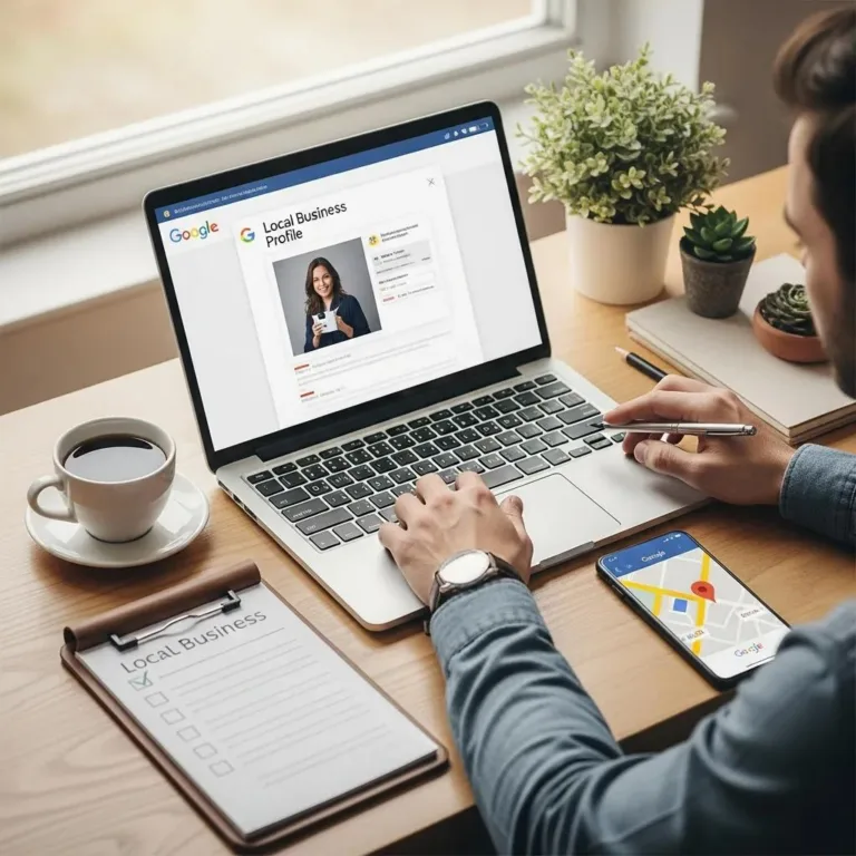 Person optimizing a Google Business Profile on a laptop in a cozy office, with a coffee cup and checklist for local business strategies visible.