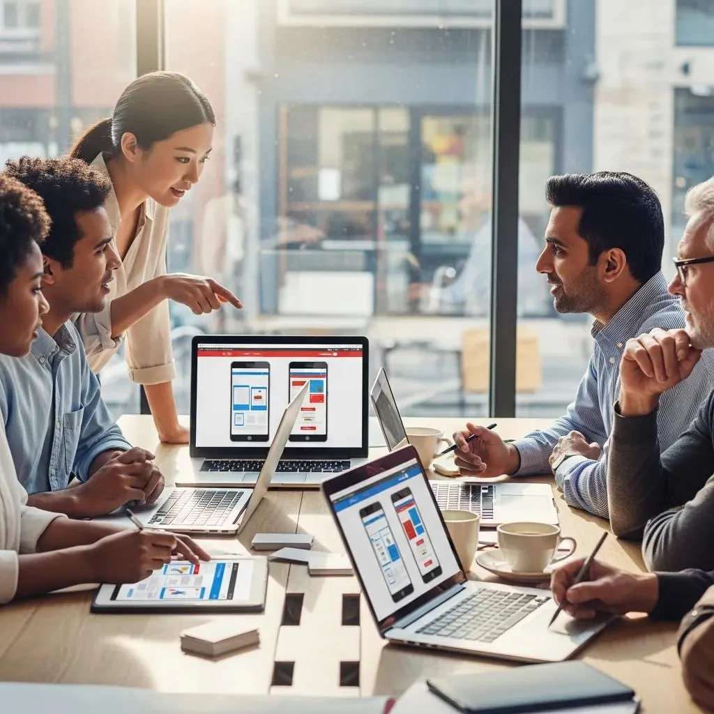 Local business owners collaborating on responsive web design, emphasizing mobile-friendly solutions