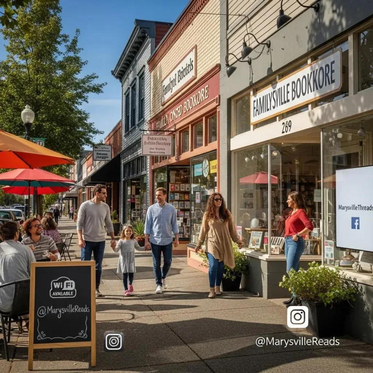 Local business scene in Marysville featuring families walking on a vibrant street, storefronts including a family-owned bookstore, outdoor seating with umbrellas, and community engagement through social media presence.