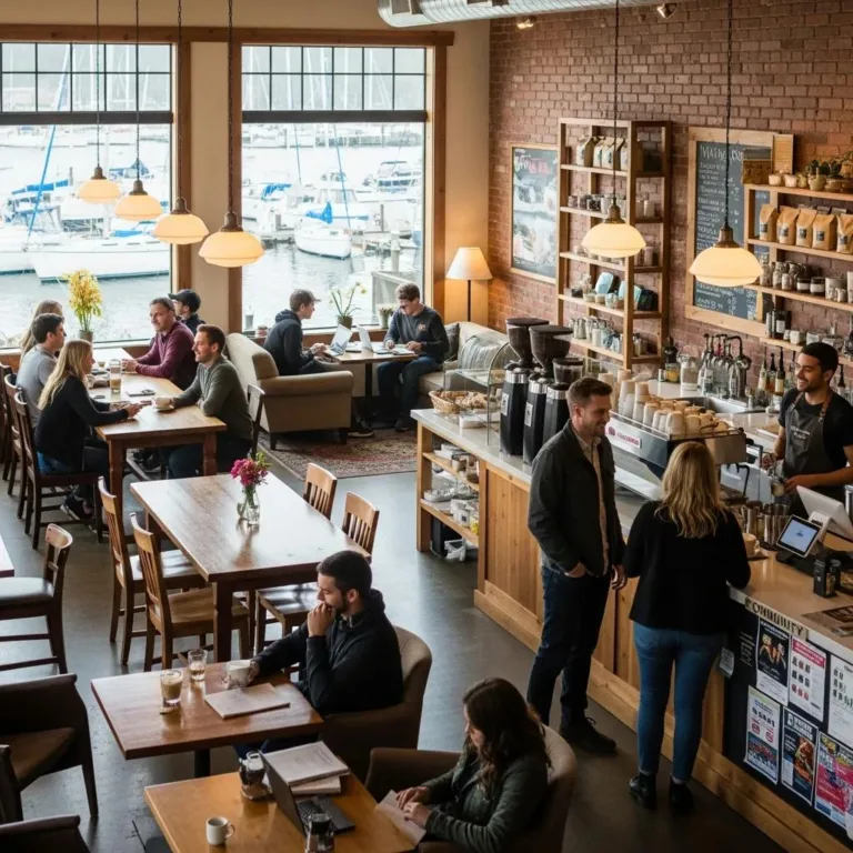 Local Oak Harbor café bustling with customers enjoying coffee and conversation, highlighting community engagement and the importance of local businesses in enhancing digital marketing visibility.