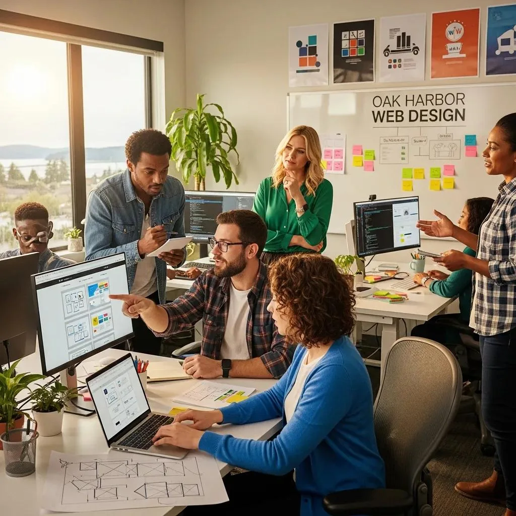 Local web design team collaborating in a modern office, discussing projects with "Oak Harbor Web Design" displayed on the wall, emphasizing community and creativity.
