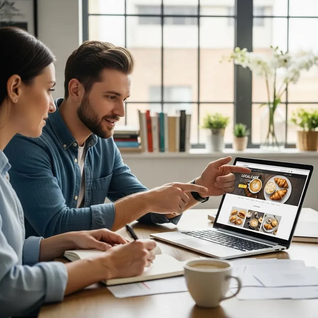 Local web designer collaborating with a small business owner, highlighting the advantages of local expertise in website redesign