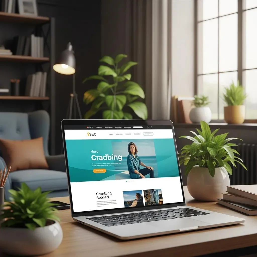 Modern SEO-friendly website design displayed on a laptop in a cozy office setting