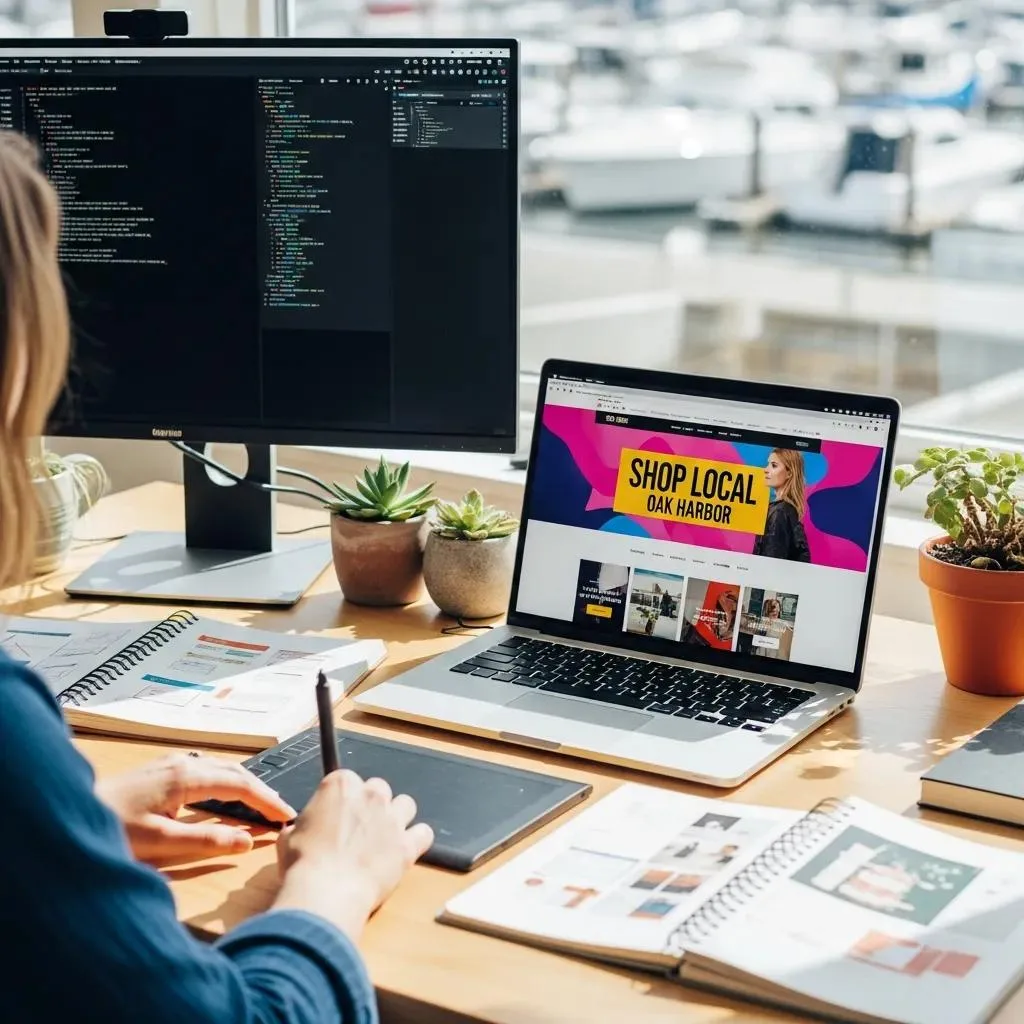 Modern web design workspace in Oak Harbor with a designer working on a laptop