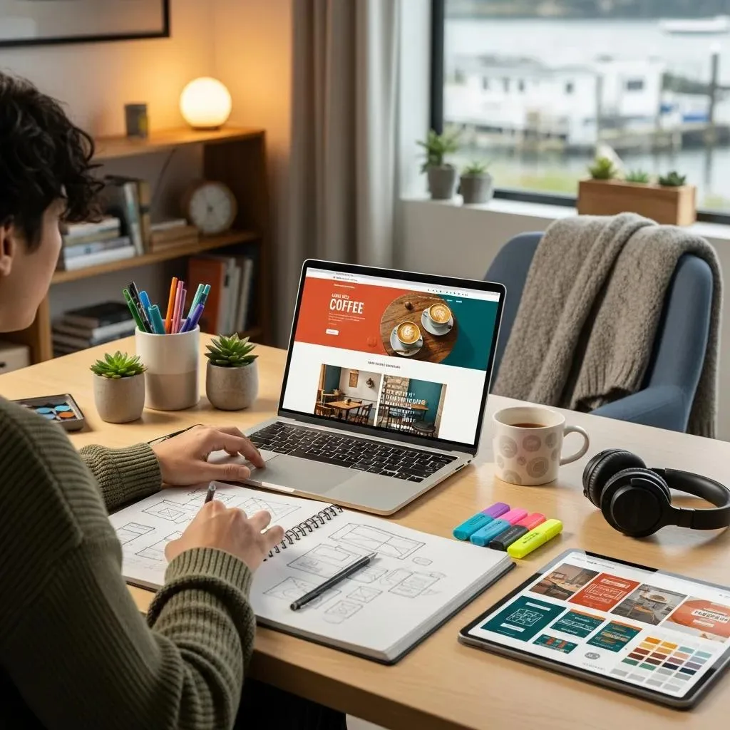 Modern web design workspace in Oak Harbor with a designer working on a laptop