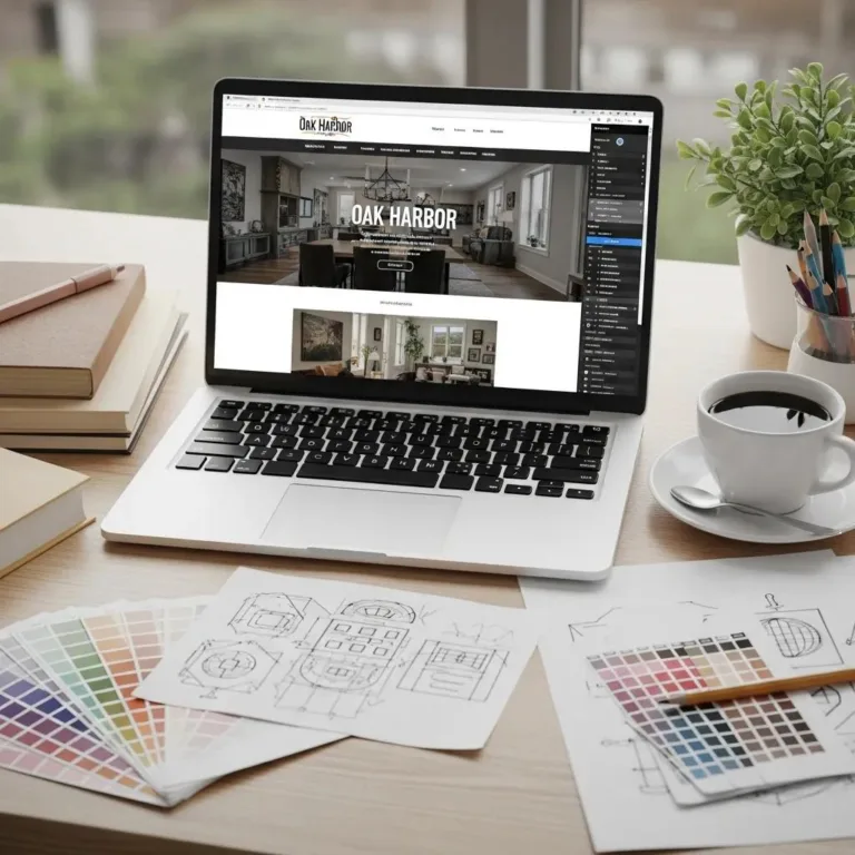Laptop displaying an Oak Harbor business website design, surrounded by design sketches, color palettes, books, and a coffee cup, illustrating custom web design services for local businesses.