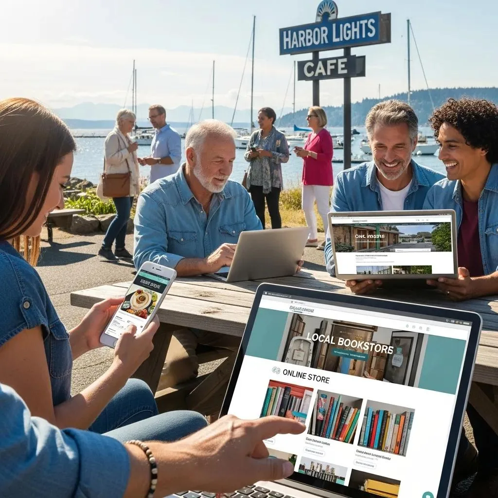 People using mobile devices and laptops at Harbor Lights Café in Oak Harbor, showcasing responsive web design for local businesses.