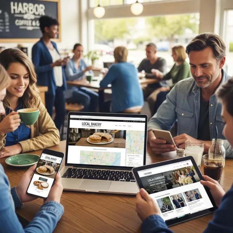 People engaging with various devices in a café, showcasing responsive web design for local businesses, featuring a laptop displaying a bakery website, a smartphone with a map, and a tablet with local services.