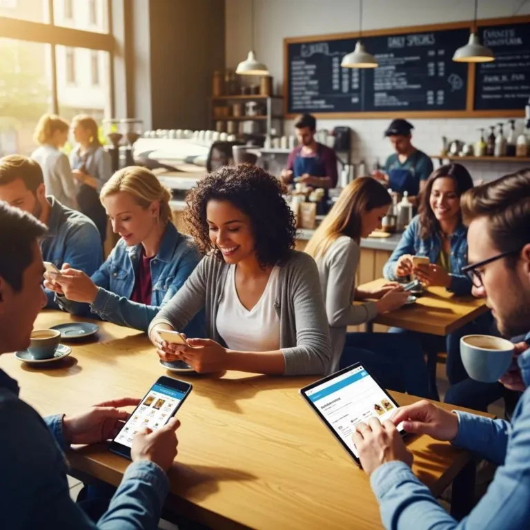 People using mobile devices and tablets in a coffee shop, illustrating the significance of mobile-friendly web design for local businesses.