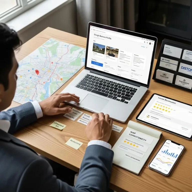 Person auditing Google Business Profile on laptop with local business elements, including map, notes on optimization, and performance metrics displayed on mobile device.
