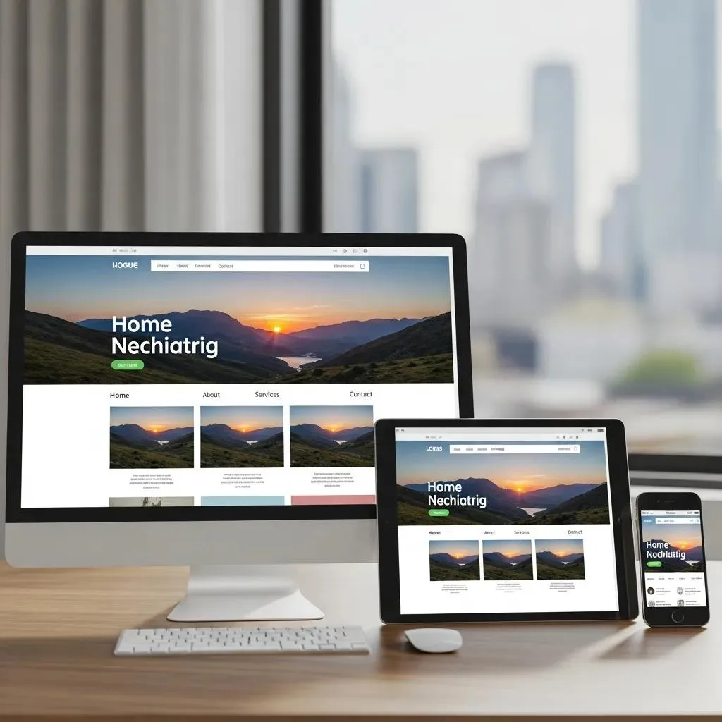 Responsive web design displayed on smartphone, tablet, and desktop, highlighting mobile-friendly features