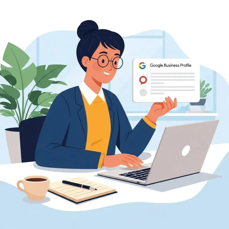 Small business owner auditing Google Business Profile in a cozy office